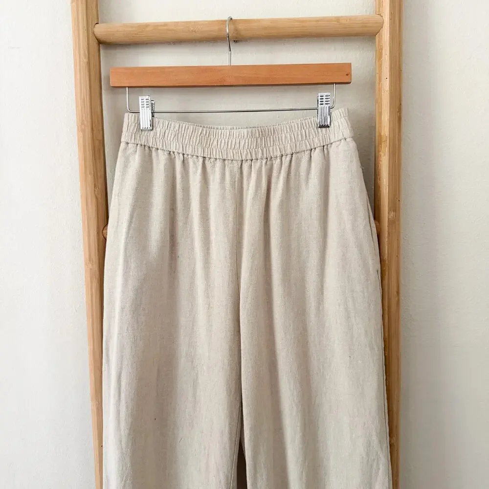 Zara Linen Blend Wide Leg Pants Beige Oatmeal Elastic Waist Size M EUC